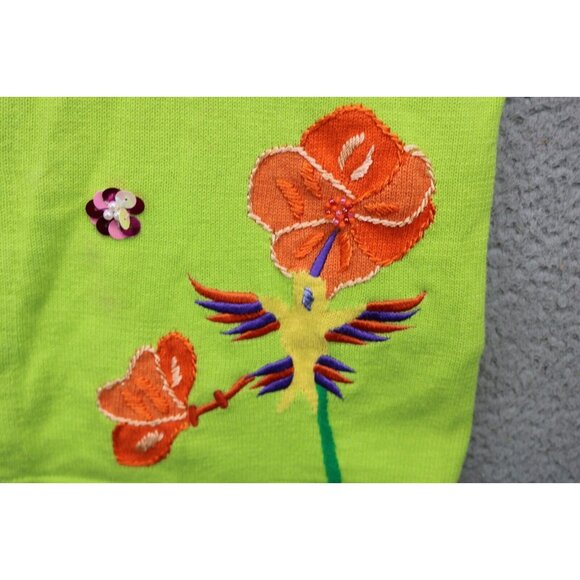 Quaker Factory Lime Green Embroidered Beaded Sweater-Large-Button Up-Birds - Picture 5 of 15